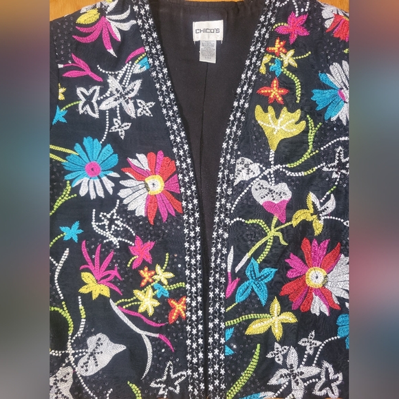 Black Multi-color Embroidered Floral Jacket w/ Embellishment CHICO' SZ. 0 (SM-4) - Picture 5 of 11